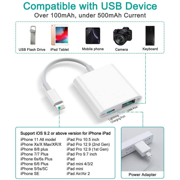 USB Camera Adapter with Charging USB OTG Cable Compatible with iPhone 11 X 8 7 6 iPad Air Pro Mini, Support iOS 9.2 to 13, USB Flash Drive, Card Reader, MIDI Keyboard - Walmart.com