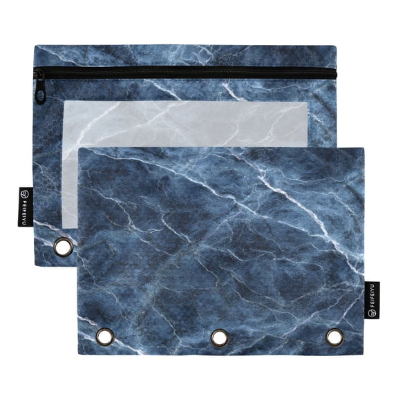2 Pack 3 Ring Binder Pouch with Clear PVC Window Water Resistant Zipper Pencil Pouch Waves Of Midnight Blue Marble Binder Pocket for Classroom Office Home Stationery Organization