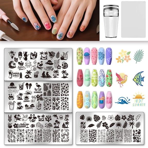 4Pcs Nail Stamping Plates Set Summer Beach Hawaii Nail Art Stamper Templates Stainless Steel Nail Stencil Kit with Stamp and Spacer for Home Salon