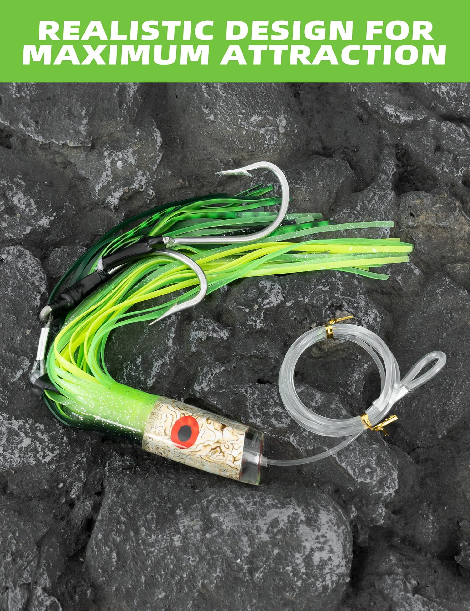 BLUEWING 12in Big Game Trolling Lure with Double Rigged Hookset and 300lb High Strength Fishing Line Saltwater Fishing Lures for Wahoo Tuna Marlin Mahi Mahi Green/Black