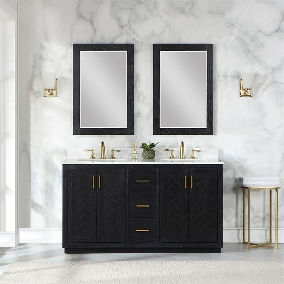 Gazsi 60" Double Bathroom Vanity Set in Black Oak with Grain White Composite Stone Countertop with Mirror