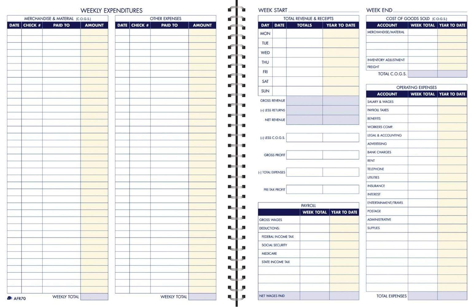 Bookkeeping Record Book, Weekly Format, 8.5 x 11 Inches, White (AFR70