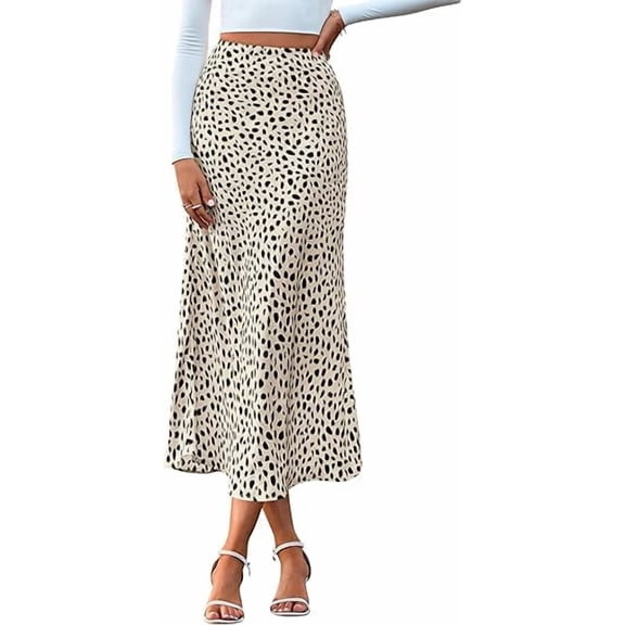 FreshPretty Satin Skirts for Women Trendy Spring Summer High Waisted Leopard Print Cocktail Wedding Long Silk Midi Skirt