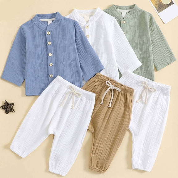 Swuxness Boys Girls Casual Outfit 2 Piece Set, Toddler Long Sleeved Tops Long Pants, Kids Solid Color Button Down Collar Loose Shirt and Straight-Leg Pants Sports Set Green, 2-3 Years