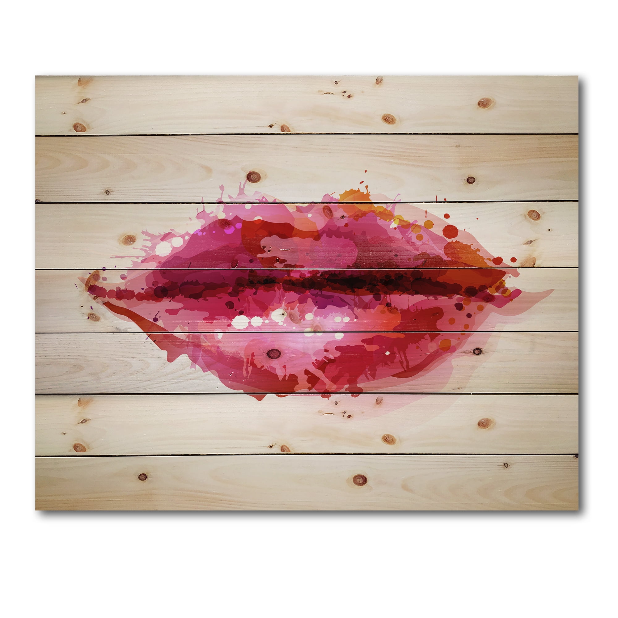 Designart 'Red Girl Lips Formed By Abstract Blots' Modern Print on Natural Pine Wood
