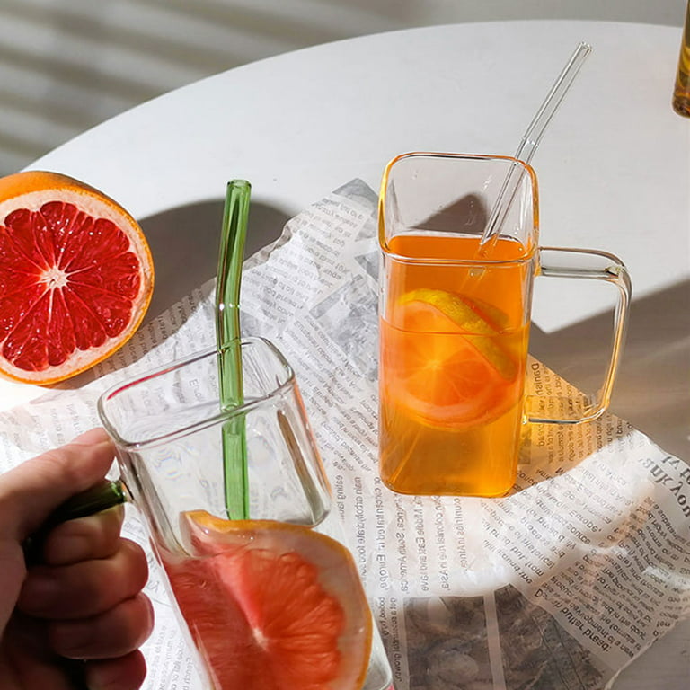 350ML Creative Square Straw Mug Modern Fashion Juice Cup with Handle Bamboo  Lid Cold Drink Mug Single Layer Glass Milk Cup _ -…