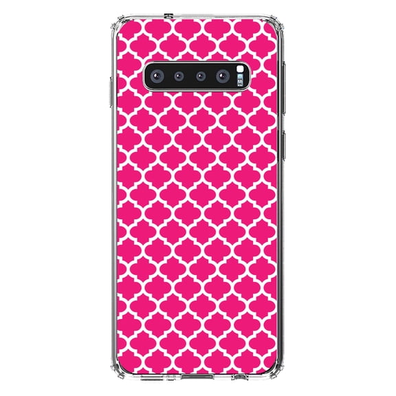 DistinctInk Clear Shockproof Hybrid Case for Samsung Galaxy S10 (6.1" Screen) - TPU Bumper, Acrylic Back, Tempered Glass Screen Protector - Hot Pink White Moroccan Lattice
