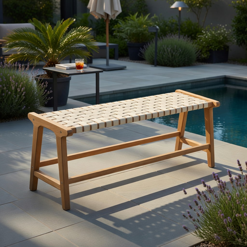 Hommoo 47" Teak Wood Patio Bench with Woven PP Seat, Sturdy Outdoor Bench for Patio, Porch, Poolside & Entryway, Natural