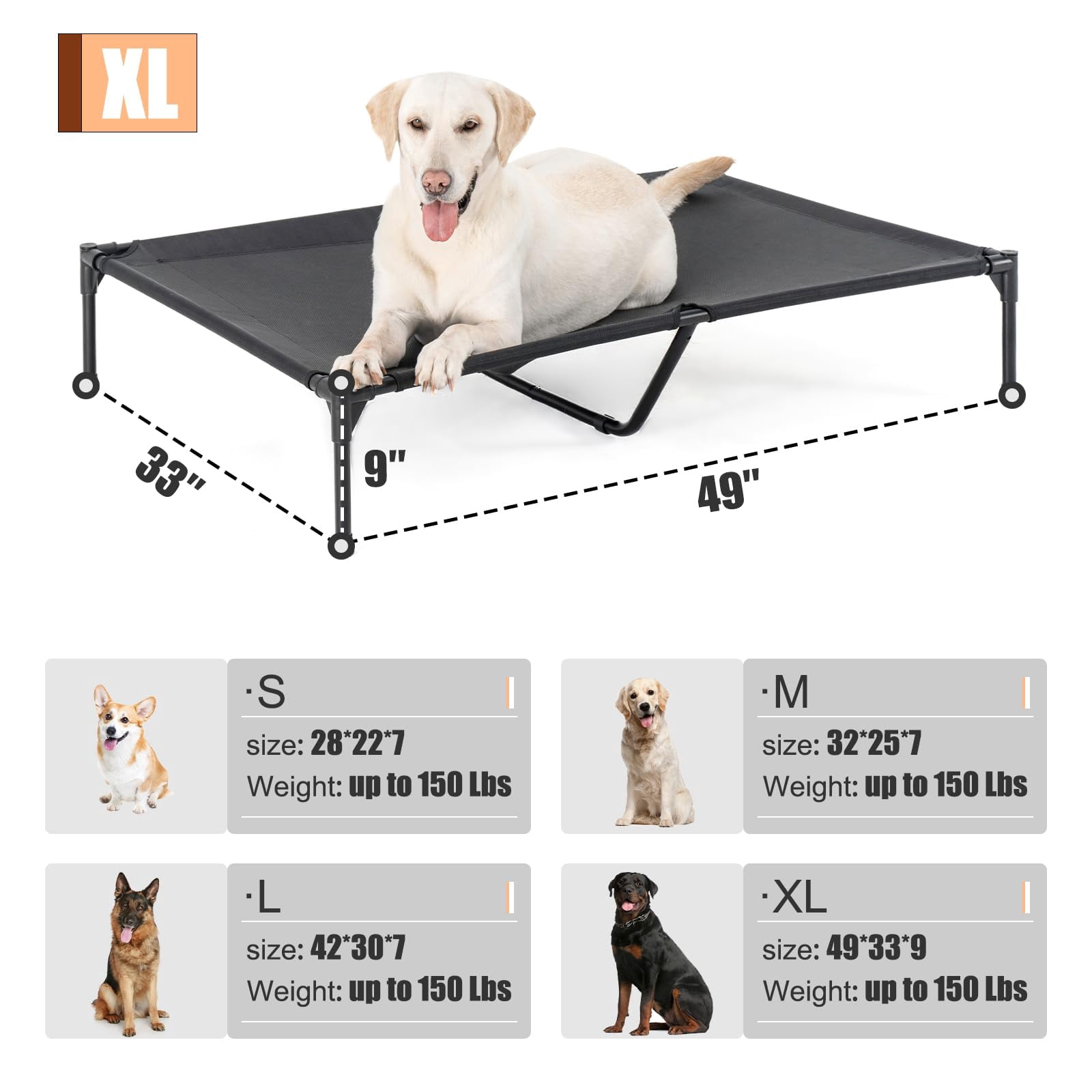 Xl Elevated Dog Bed For Large Dogs  Extra Raised Beds Heavy Duty Pet Cots With Durable Supportive Teslin Recyclable Mesh Indoor & Outdoor