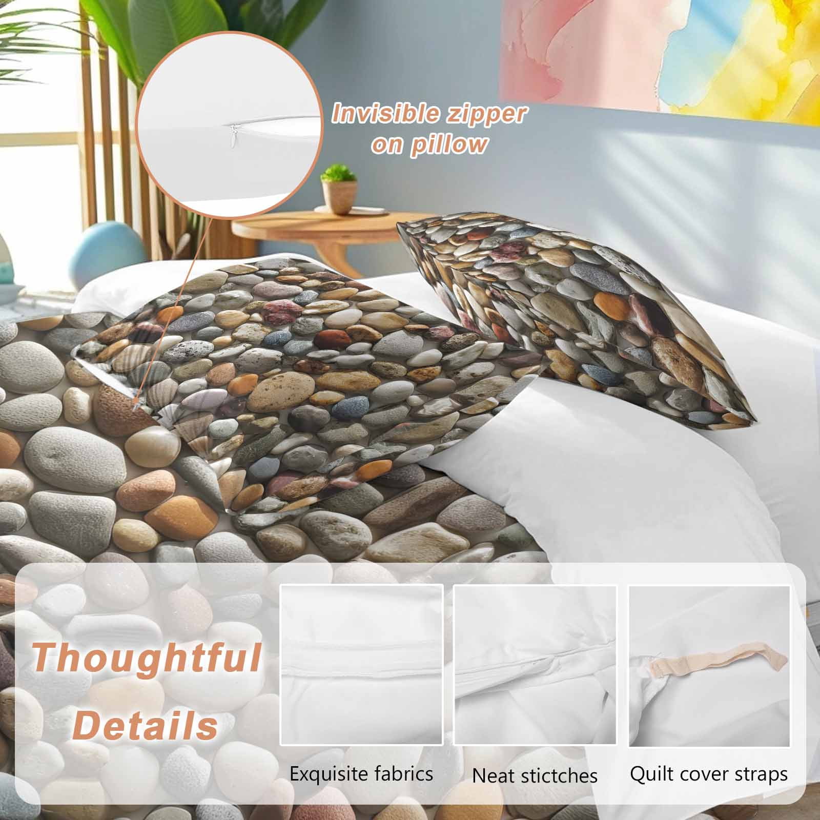 Colorful Stones Bedding 3 Piece Duvet Cover Set California King, Farmhouse Stones Modern Art Soft Microfiber Comforter Cover with Zipper Closure & Pillowcases, Wrinkle & FadeResistant Quilt Cover