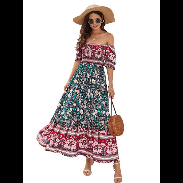 Vestido Informal, Fluido, con Estampado Floral Bohemio, Hombros Descubiertos, para Mujer (Verano 2025) Fondo Negro XL