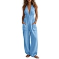 thumbnail image 2 of YYV Jumpsuits for Women Casual Summer Solid V Neck Sleeveless Wide Leg Jumpsuit with Pockets Loose Flowy One Piece Romper Light Blue XL, 2 of 8