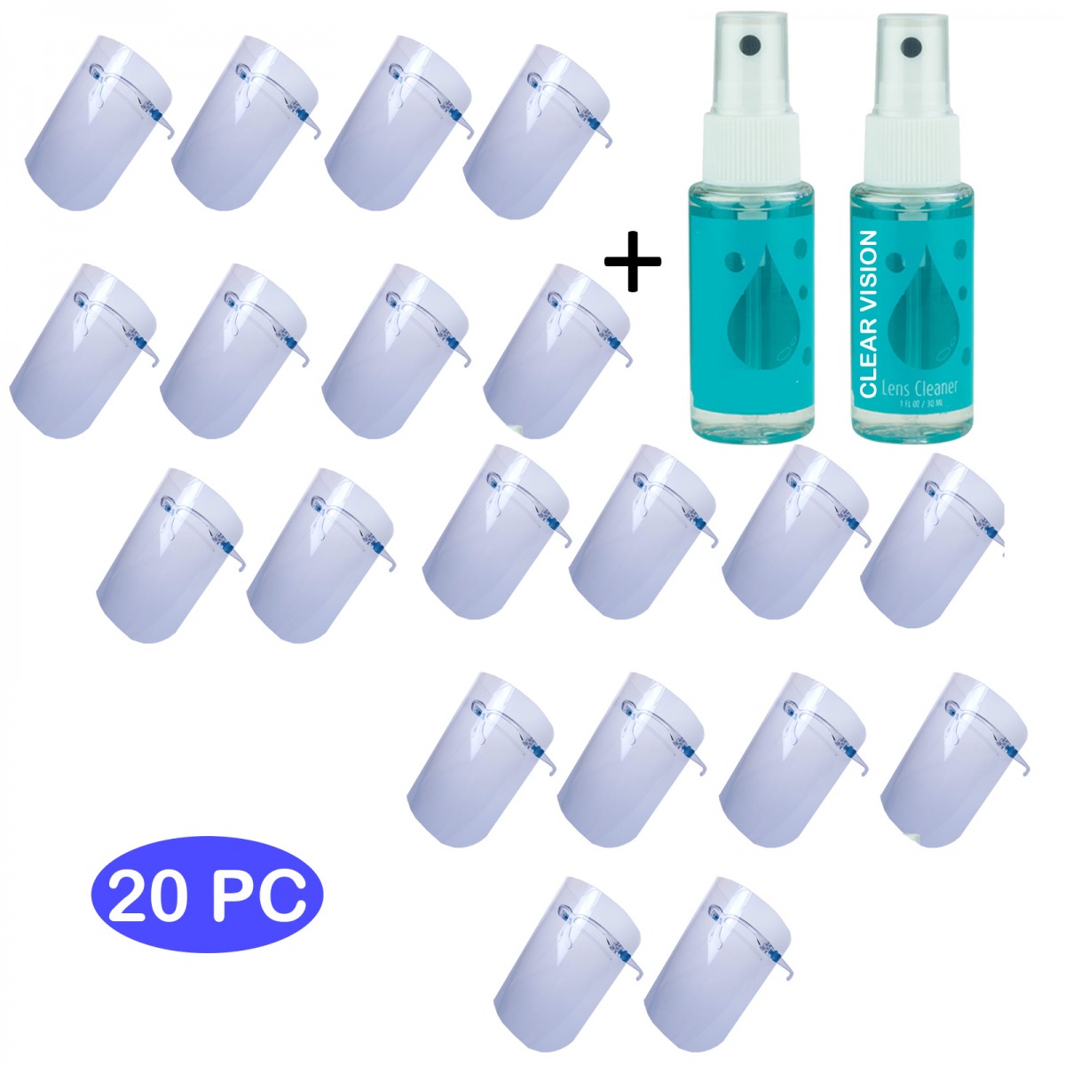proSPORT 20 Pack Safety Protective Face Shield Medical with Glasses, Reusable, Protective Shield, Anti-Saliva, Dustproof, Full Face Eye & Mouth Cover Protection with 2 Cleaner Bottles - Ships From USA