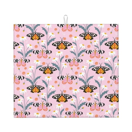 

Naloa Pink Butterfly Daisy Dish Drying Mat for Kitchen Counter Heat Resistant Drainer Mats Absorbent Draining Mat Dish Rack Pad 16 x18