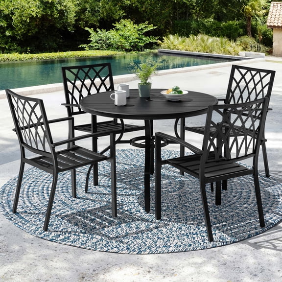 Nuu Garden 5-Piece Outdoor Patio Dining Set, 41 Inch Round Dining Table with Umbrella Hole and 4 Stackable Lattice Chairs, Powder-Coated Finish and Iron Frame, Weather-Resistant Furniture, Black