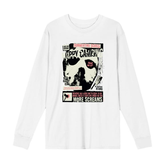 Friday the 13th Broken Mirror and Bloody Mask Adult White Crew Neck Long Sleeve Tee-3XL