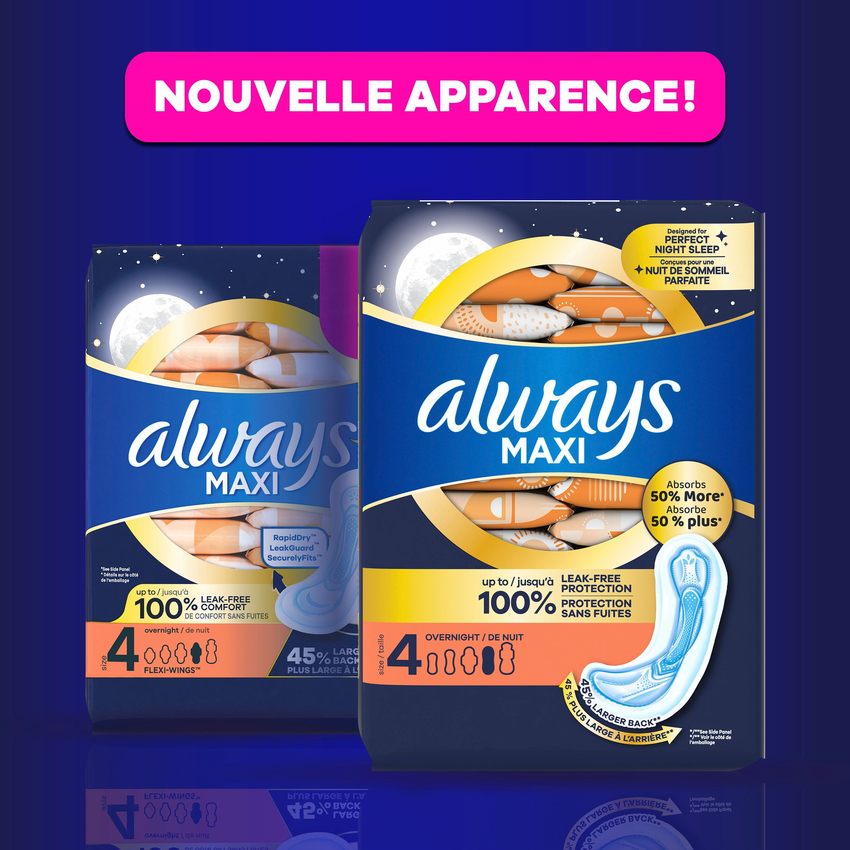 Serviettes Always Maxi, de nuit, degré d’absorption de nuit, sans ailes, pour femmes, taille 4, non parfumées