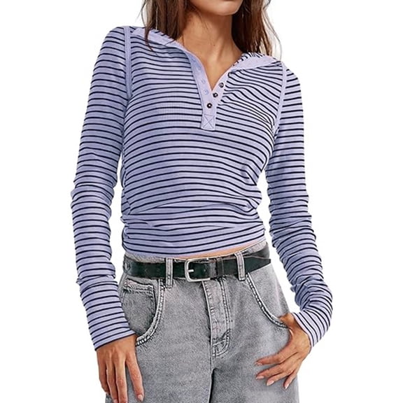 Womens Striped Henley Shirts Ribbed Long Sleeve Tops Going Out Slim Fit Top Fall Fashion Basic Tees Blue L
