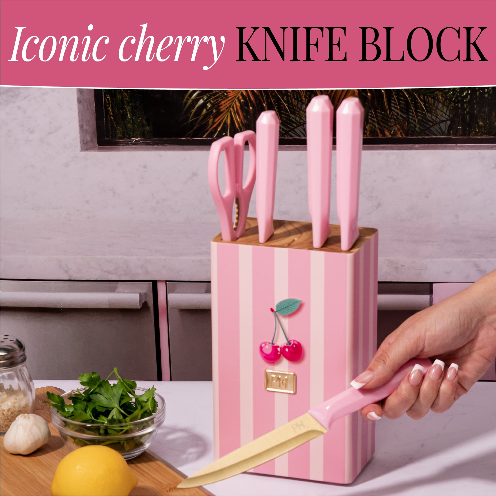 Paris Hilton 6-Piece Cutlery Block Set, Titanium-Coated Stainless Steel Blades, Cherry Print Block, Pink Faceted Handles