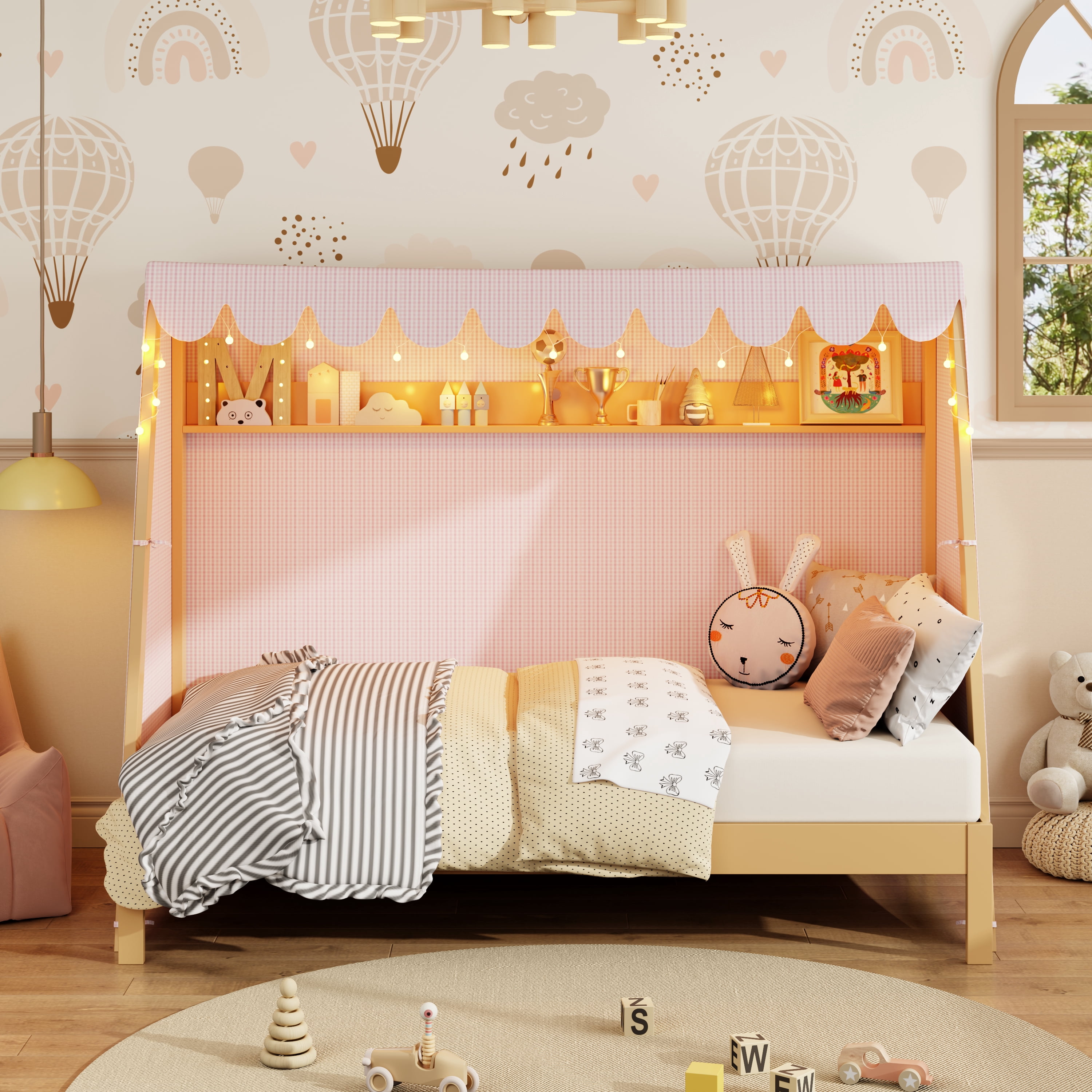 Mintazer Twin XL Platform Bed with LED Light, Trundle, Storage Shelf & Tent for Kids, Light Brown