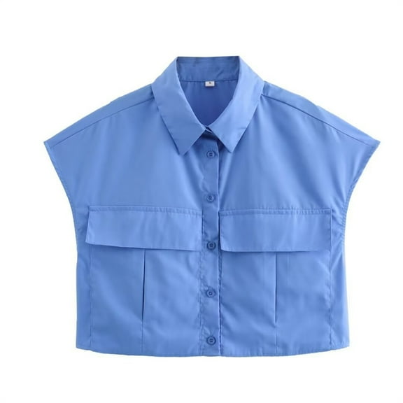 Cropped Shirts Women Button down Cap Sleeve Collar Tops with Flap Pocket V Neck Fashion Casual Crop Top, Blue, L
