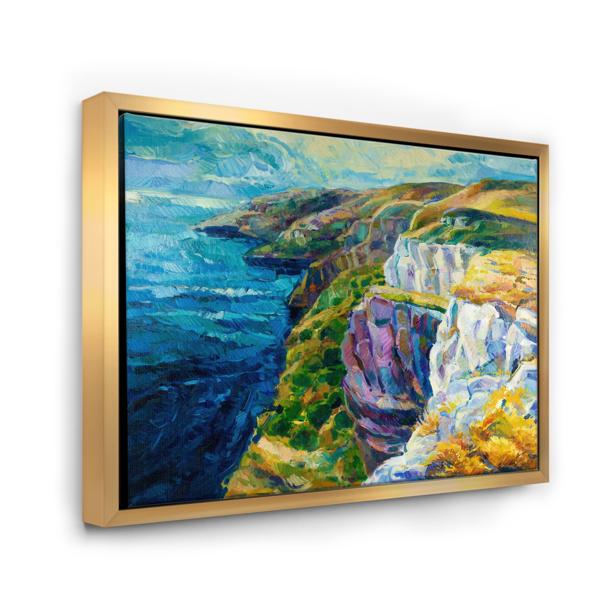 Designart 'The Blue Ocean By Rocky Cliffs II' Nautical & Coastal Framed Canvas Wall Art Print