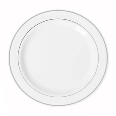 Exquisite White with Silver Rim 40 Pack 7.5" Wedding & Party Disposable Plastic Salad/Dessert Plates