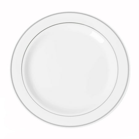 

Exquisite Wedding & Party Dinnerware Disposable Plastic Salad/Dessert Plates (7.5 inch) - White with Silver Rim - 40 Pack