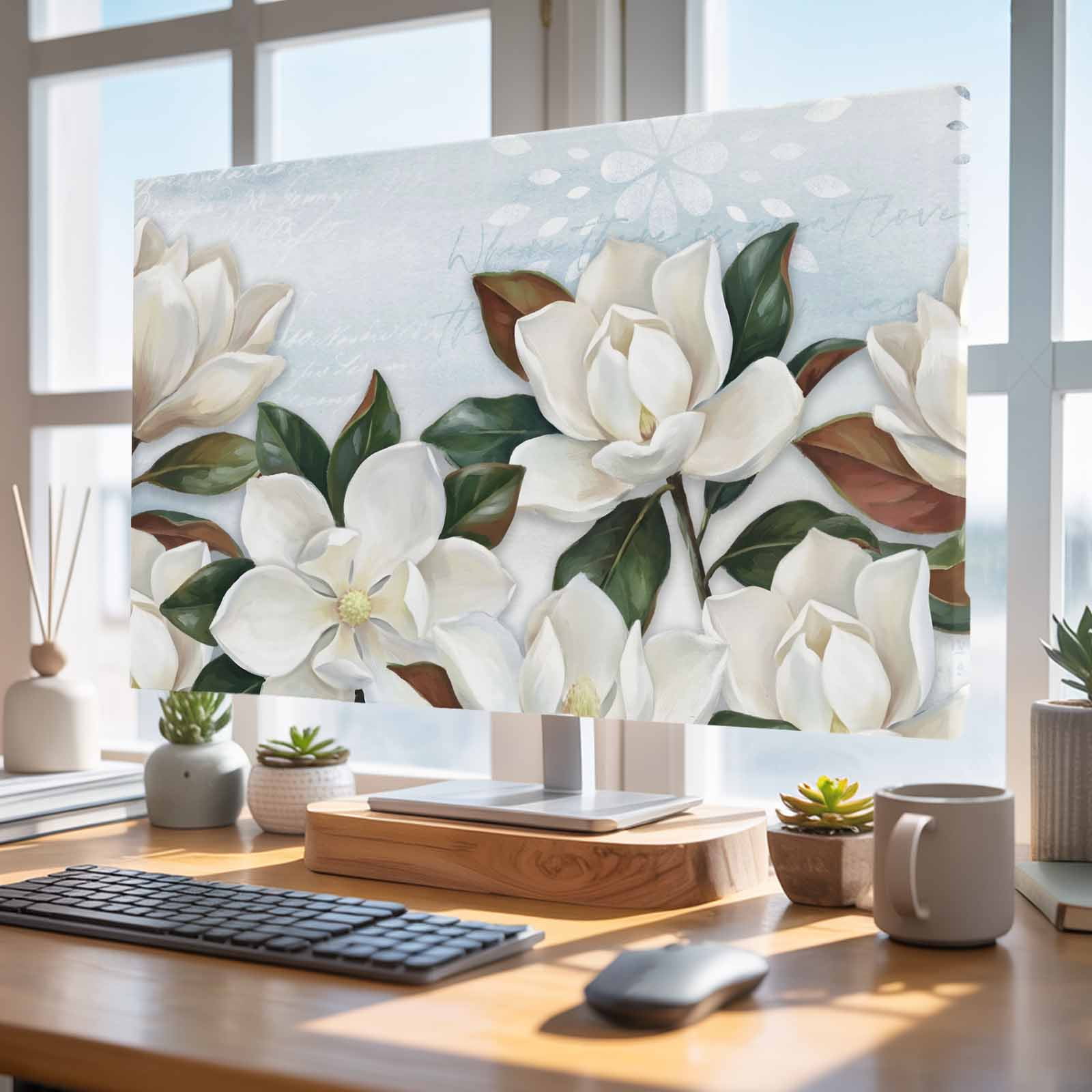 Indoor Elastic TV Cover 24", White Magnolia TV Display Protector for LCD Desktop TV Hanging TV, Watercolor Flower Floral Plants Leaf Farmhouse Decorative TV Screen Dust Proof Cover Protection
