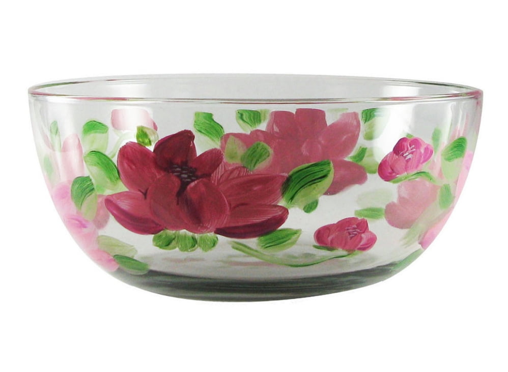 Pink Peony Floral Hand Painted Glass Serving Bowl 11"