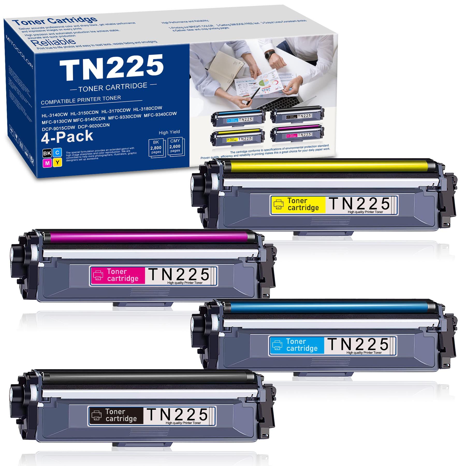 TN225 Compatible TN 225 Replacement for Brother TN225 HL-3150CW HL-3140CW HL-3170CDW HL-3180CDW MFC-9130CW MFC-9330CDW MFC-9340CDW Black Cyan Magenta Yellow 4 Pack High Yield TN-225 -