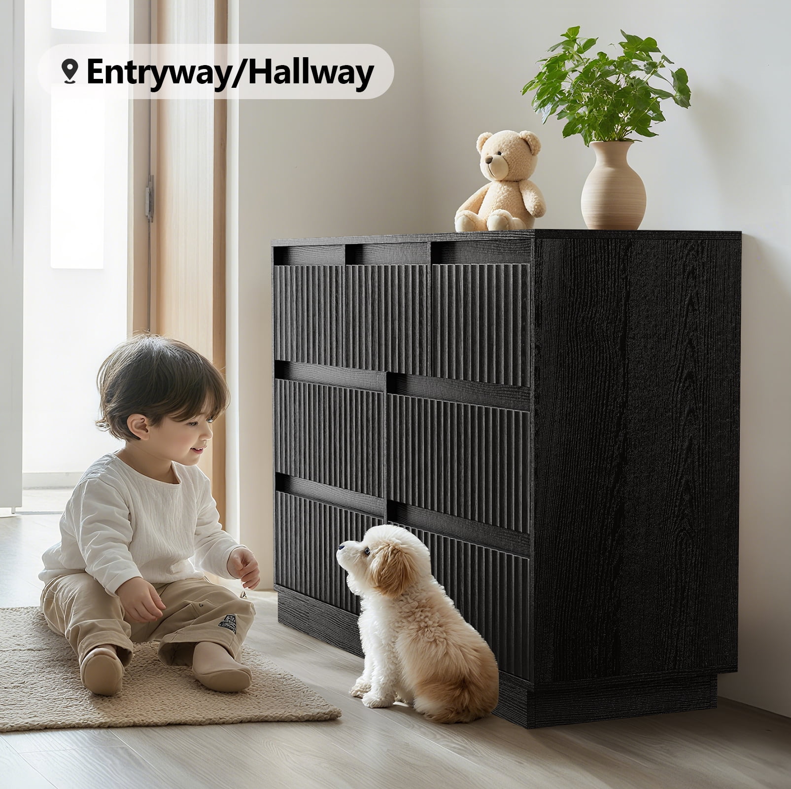 UPGO Wood Dresser, 7 Drawer Dresser for Bedroom, Modern Chest of Drawers with Deep Drawers Waterproof Living Room, Hallway, Entryway,Black