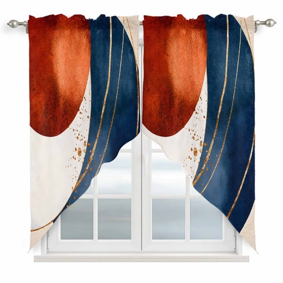 Navy Blue Burnt Orange Kitchen Window Curtains, Swag Curtains Valance for Bedroom Living Room Bathroom, Modern Boho Art Geometric Rod Pocket Window Treatment Curtain Block Drapes 2 Panels 28"x36"