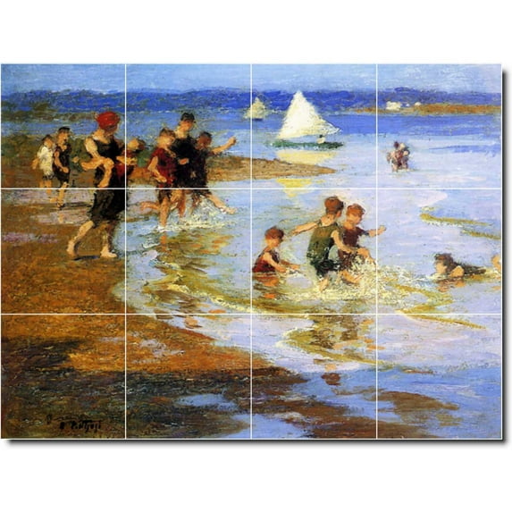Ceramic Tile Mural-Edward Potthast Waterfront Painting 143. 17" w x 12.75" h using (12) 4.25 x 4.25 ceramic tiles