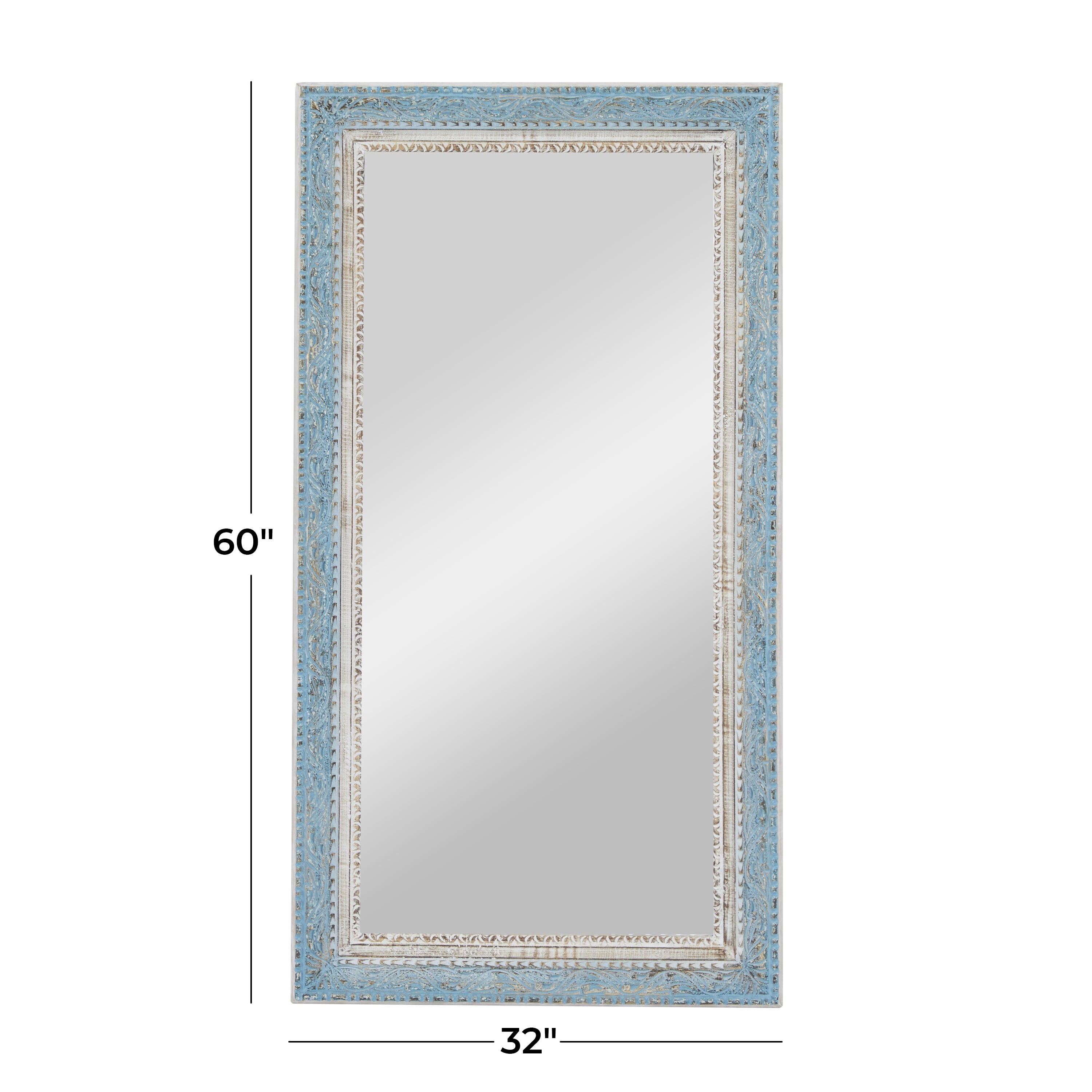 DecMode 32" x 60" Blue Carved Floral Wall Mirror