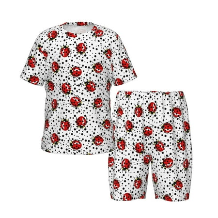 Picia Red Ladybugs On Black Dotted Printed Boys  Kids-PJ Snug Fit Cotton Short Sleeve Top and Shorts 2 Piece Pajama Set-XX-Large