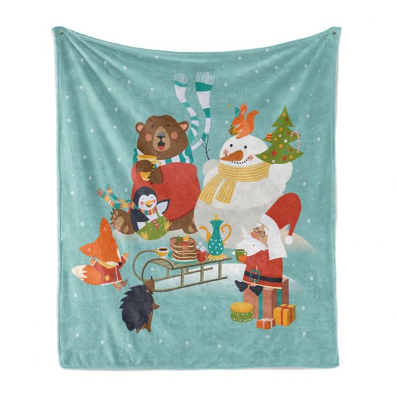 Christmas Soft Flannel Fleece Blanket, Funny Winter Friends Snowman Bear Fox Santa Penguin Noel Tea Party, Cozy Plush for Indoor and Outdoor Use, 60" x 80", Pale Teal and Multicolor, by Ambesonne