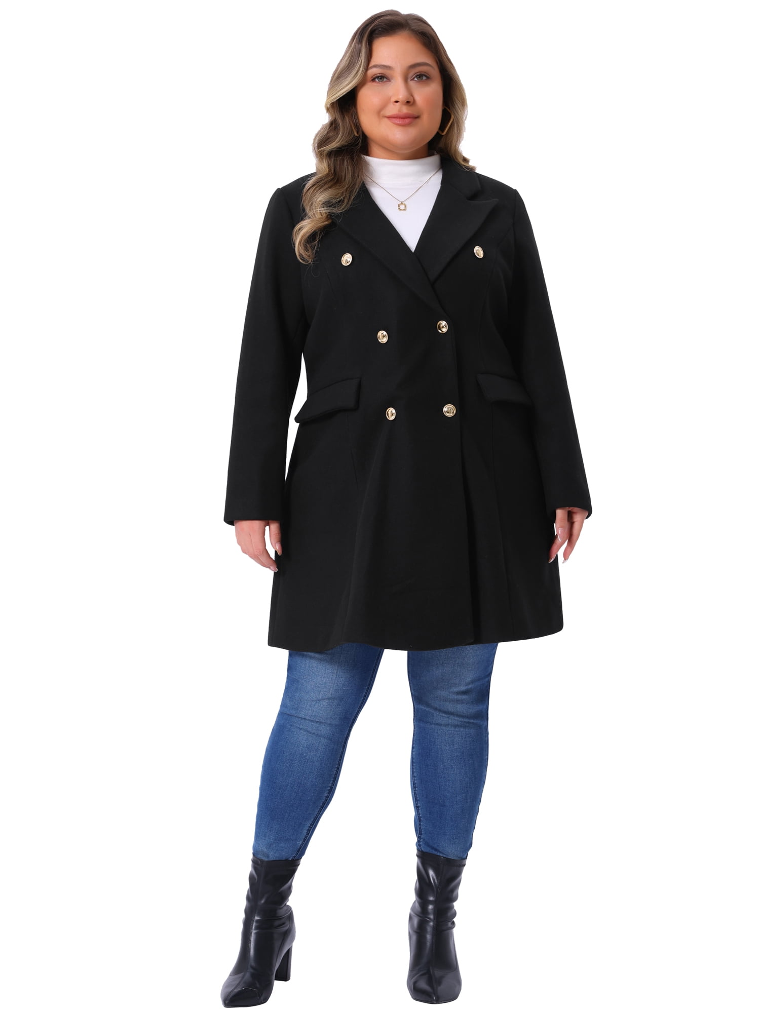 DARING DIVA Women's Plus Size Winter Pea Coat Double Breasted Notch Lapel 1X Black