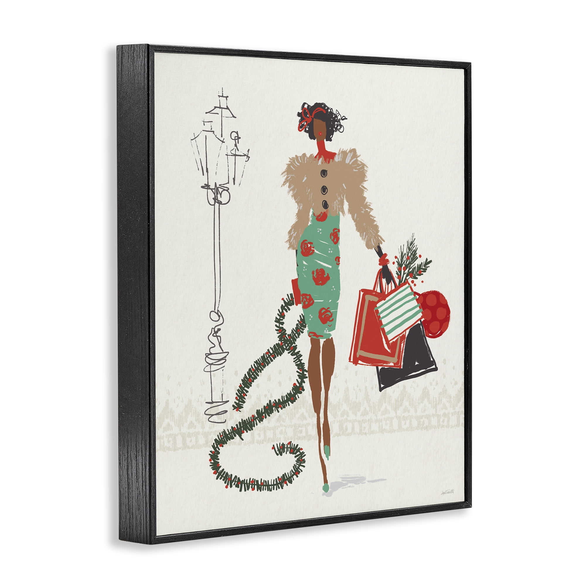 Stupell Industries Festive Shopping Girl Holiday Painting Black Framed Art Prints Wall Art, 11 x 14