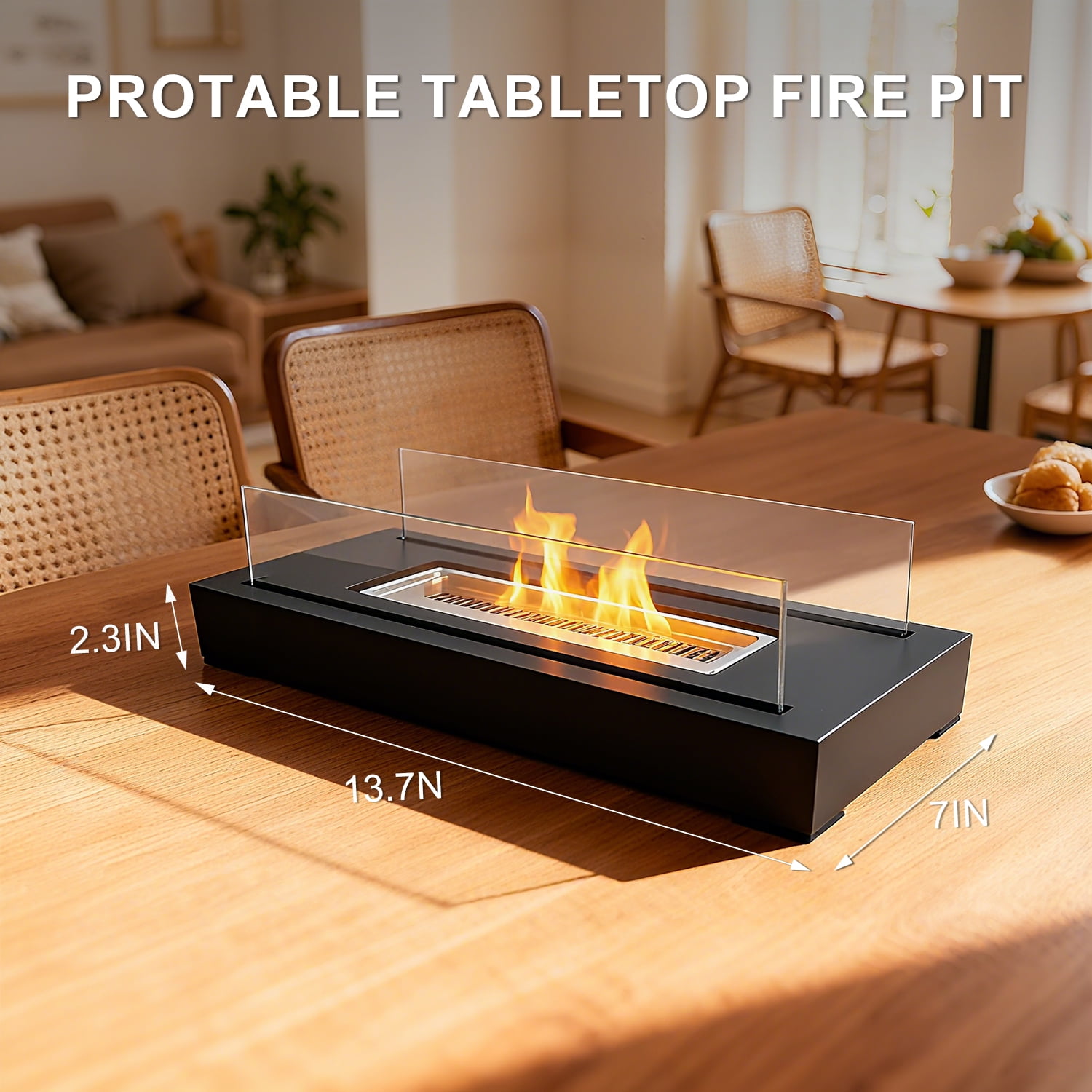 Behome 14” Firepit Desk Top, Stainless Steel Rectangle Fire Pit, Fire Bowl with Glass Wind Guard, Black