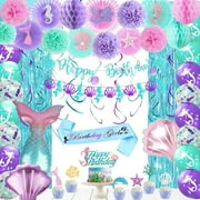 Mermaid Birthday Decorations, Little Mermaid Party Supplies with Pink Teal Purple Paper Fans, Pom Poms, Balloons, Fringe Curtains, Cake Topper, Sash