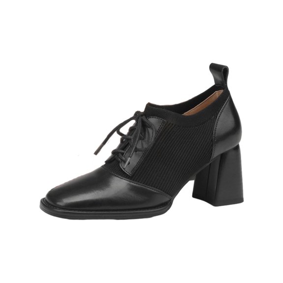 Xfvqtps Ladys High Heel Shoes Chunky Heel Apron Toe Lace up Knitting Grace Retro Leather Shoes Heel High 6CM Black