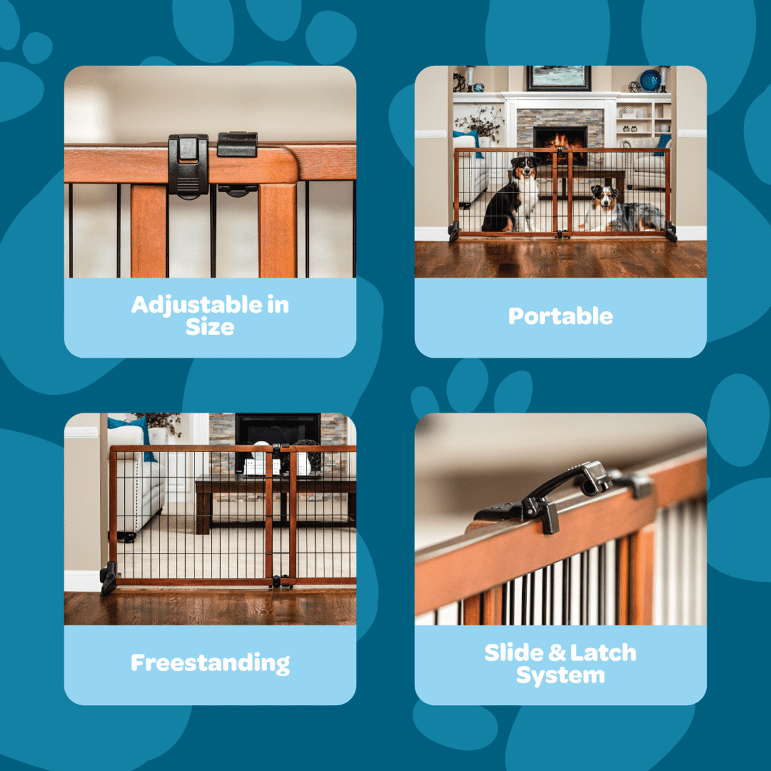 Carlson Pet Products, 41" - 70"L x 28"H Adjustable Freestanding Pet Gate, Premium Wood, Brown
