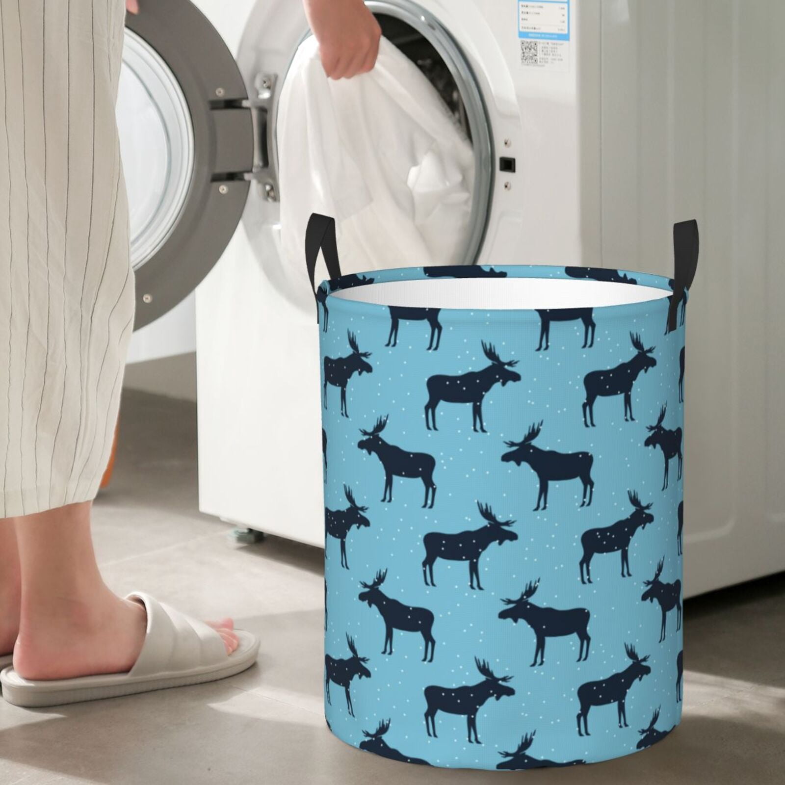 Large Laundry Basket with Handles - winter moose elk snow blue Kids Baby Dirty Clothes Laundry Hamper for Bedroom Aesthetic
