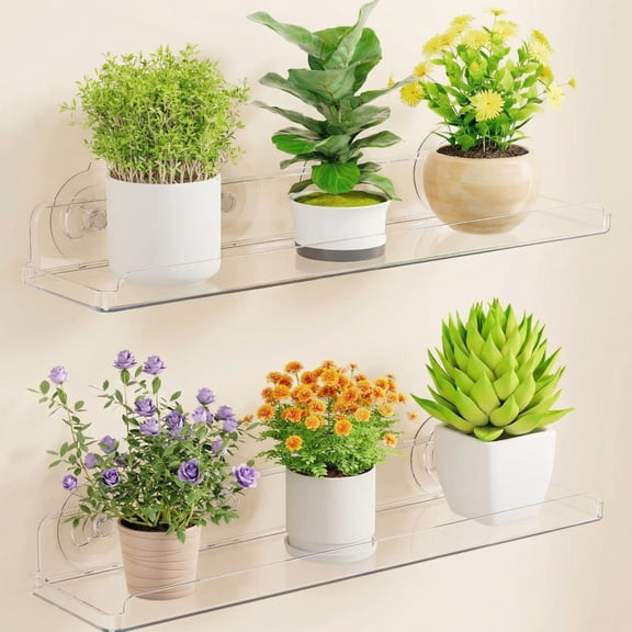 Norcho Window Plant Floating Shelves, 14.6 × 3.6 Inch 2-Pack Acrylic Suction Cup Shelf, Window Sill Extender for Indoor Succulents, Microgreens, Seed Starter Pots, and Herb Planters
