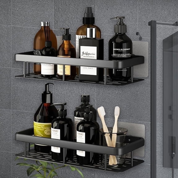 DAZUINIAO 2 Pack Adhesive Shower Caddy, Space Aluminum Shower Organizer with 4 Hooks, No Drill Wall Mounted Bathroom Storage Shelf, Rustproof Shower Shelf for Bathroom