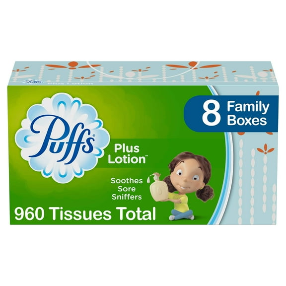 Puffs Plus Lotion Facial Tissues, 8 Family Boxes, 120 Tissues Per Box, 960 Tissues Total