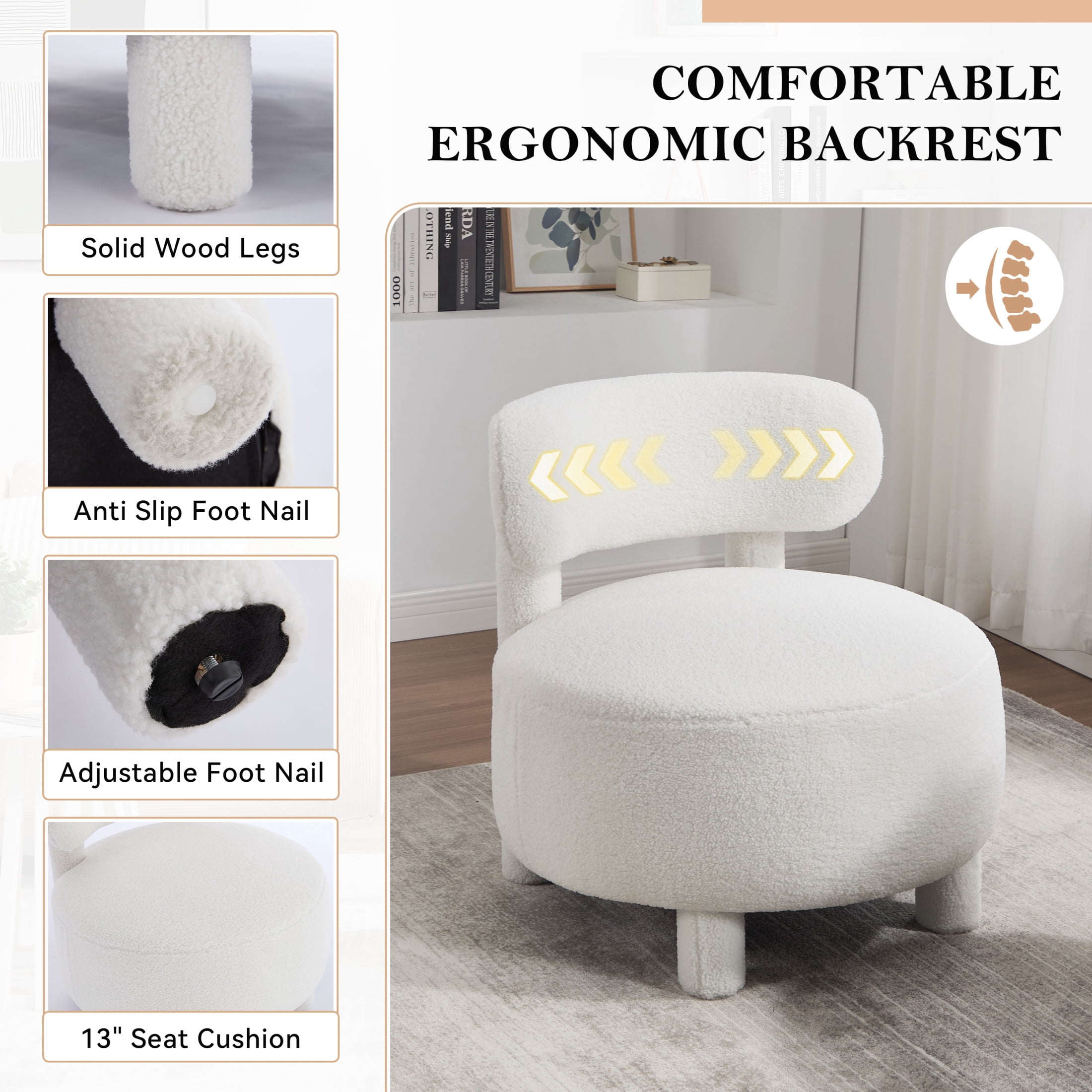 Noble House Dorell Teddy Upholstered Dining Chair, Wooden Frame Reading Side Chair with Curved Backrest, White
