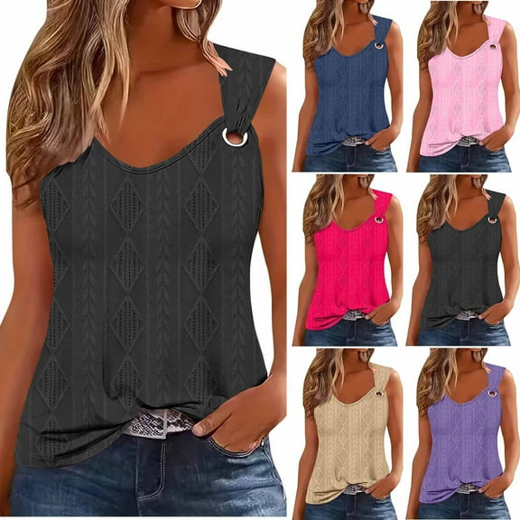 QATAINLAV Tank Top for Women 2025 Casual Summer Loose Fit Vest Shirts Fashion O Ring Shoulder Sleeveless Shirts Solid Color Camisole Vacation Tops Black M