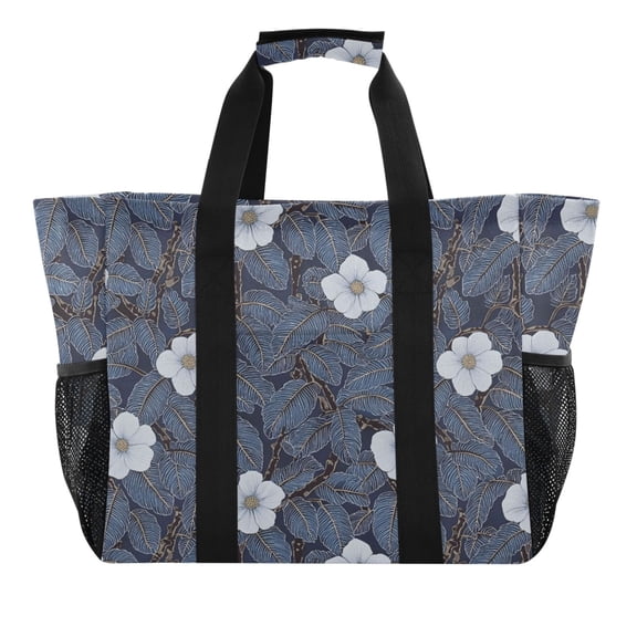 White Camellias with Blue Leaves Reusable Grocery Bags with Handle Side Pocket Waterproof Shopping Portable Tote